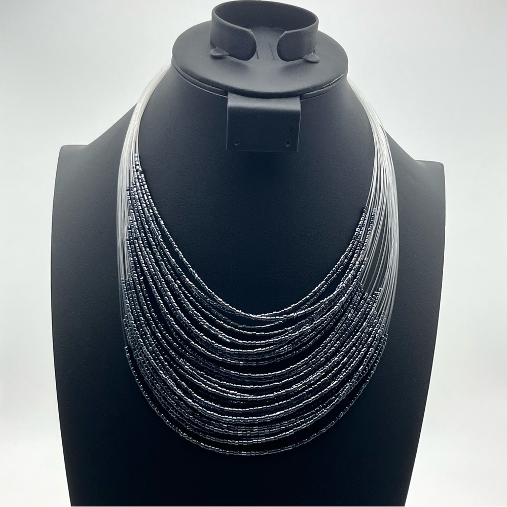 Vintage Navy Shiny Glass Seed Bead Multi-Strand Layered Statement Bib Necklace